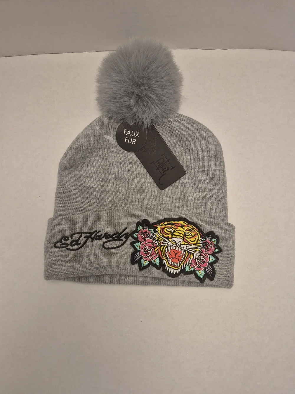 Ed Hardy Grey Beanie with Colorful Tiger Patch
